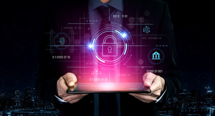 Cybersecurity system interface with biometric lock and data protection. Cybersecurity protects...