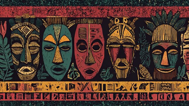 African-inspired patterned design. Features a tribal, grunge-style banner with traditional elements. Vector illustration showcasing masks, patterns, and symbols in classic African colors.
 