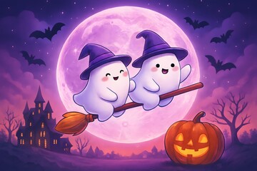 halloween background with pumpkin and cute ghosts