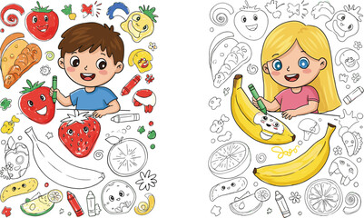 Children coloring fruits, healthy food illustration, creative activity, cartoon vegetables, educational drawing, playful learning, food faces, indoor art session
