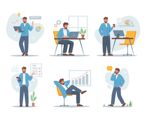 Set of Business characters working. Successful man in office outfits. Businessmen at work with modern technologies. Vector illustration isolated on white background.