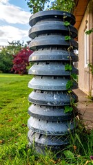 Stacked, tiered, gray, outdoor structure with plant life