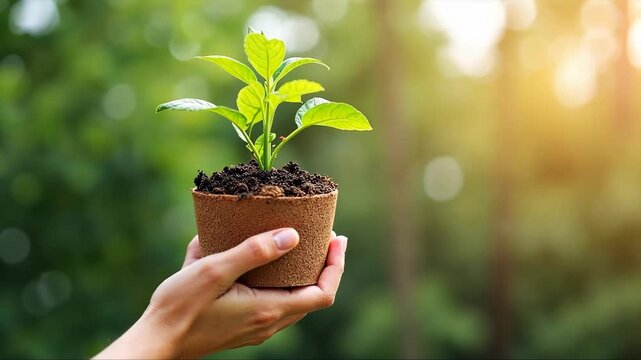 A close-up of a hand holding a bio-degradable plant pot, with a background of lush trees, emphasizing the friendly relations between human and nature of our planet.