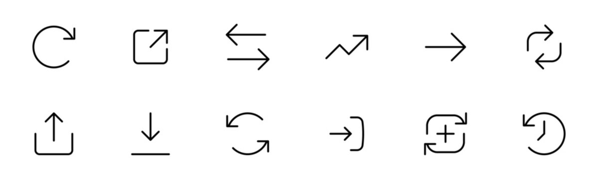 Line Arrows icon set , vector arrow line icons in thin line style. editable stroke. for refresh, recycle, sync, repeat, reload, exchange, share, upload, download, login, and external link share icon