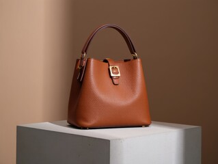 Brown leather handbag on a pedestal with warm studio lighting