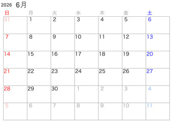 シンプルカレンダー2026年6月