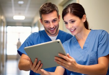 Obraz premium Healthcare professionals review tablet together in a clinical hallway
