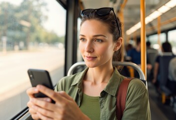Woman on a bus using a smartphone, calm and focused commute moment