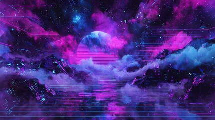Fototapeta premium Futuristic cyberpunk themes with 3D designs. A retro-futuristic blend of abstract art, cosmos, synthwave, vaporwave, and retrowave elements create a dark and immersive digital backdrop. 