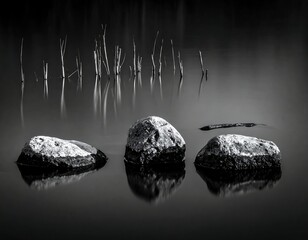Monochrome image of smooth rocks in still water with reflected vertical reeds
