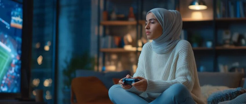 Focused young Muslim woman in hijab playing video game at night in cozy room, warm ambient lighting, ideal for tech content, gaming blogs, and diversity representation in digital culture