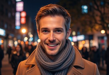 Fototapeta premium Socially confident man smiling in a warm scarf on a city night