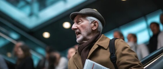 Distressed elderly man holding newspaper panicking in busy crowded station, looking around anxiously, dramatic video for mental health topics, senior care, and urban stress awareness - Powered by Adobe