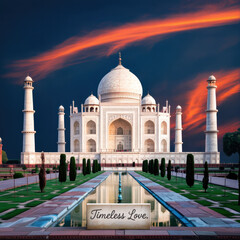 Fototapeta premium The majestic Taj Mahal mausoleum in India reflected in water under a dramatic sunset sky with fiery clouds