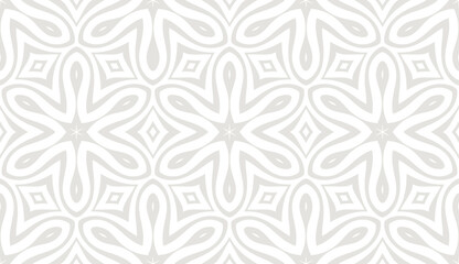 Fototapeta premium Minimalistic floral seamless vector pattern. Abstract repetitive background with flowers and leaves ornaments. Simple and elegant design style. Gray color on white or transperent background.