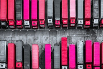 Fototapeta premium Aerial view of a vibrant fleet of pink and black freight trucks parked in organized rows showcasing an eclectic blend of color and structure against a stark urban backdrop
