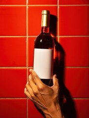 Person places blank wine bottle against bright red tiled wall