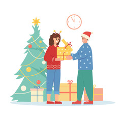 Younge couple of man and woman characters with gift boxes and Christmas tree. Happy people celebrating Christmas or New Year. Winter holidays concept. Flat vector illustration on white background.
