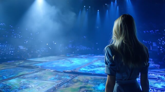 female esports athlete focused on MOBA game, glowing holographic maps, dramatic stage lighting, cinematic atmosphere, hyper-realistic textures, 32K resolution 