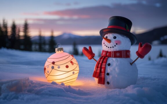 Festive Winter Duo: A charming snowman stands proudly alongside a glowing ornament, set against the backdrop of a snow-covered landscape during the dusk, celebrating the warmth of the holiday season.