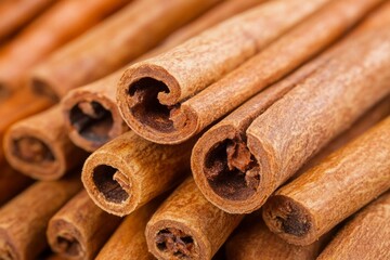 Close-up of cinnamon sticks in warm light. Neural network AI generated