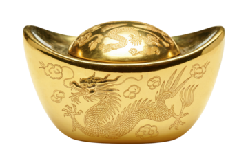 Golden ingot engraved with dragon and cloud motifs transparent background
