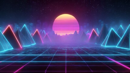 Retro-futuristic 80s style background. A digital or cyber landscape with neon lights and geometric shapes. Evokes a vintage, yet futuristic, aesthetic.
 