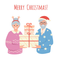 Senior couple of man and woman with gift box. Happy elderly people celebrating Christmas or New Year. Merry Christmas greeting card concept. Flat vector illustration isolated on white background.