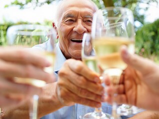 Elderly man toasting with friends at an outdoor celebration