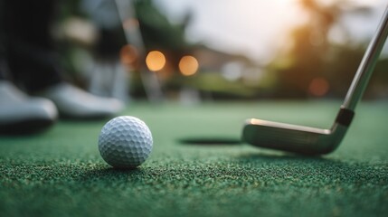 Close-up of a golf ball on green grass with a golf club preparing to strike, blurred background showing golfer's shoes.