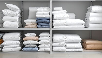 Shelves filled with neatly stacked white pillows and folded bedding
