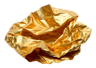 Crumpled gold foil texture with shiny highlights isolated on a transparent background 