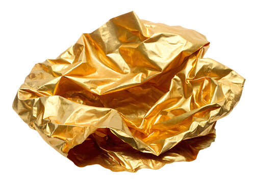 Crumpled gold foil texture with shiny highlights isolated on a transparent background 