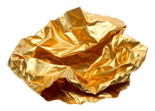 Crumpled gold foil texture with shiny highlights isolated on a transparent background