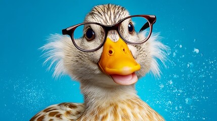 Duck wearing glasses is smiling and looking at the camera. The image has a playful and lighthearted mood, as the duck is dressed up in glasses and he is posing for a photo