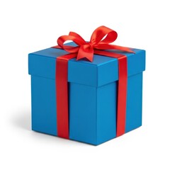 Bright blue gift box tied with red ribbon and bow for special occasions isolated on white background