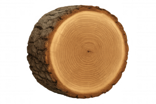 Tree trunk cross section showing annual growth rings, calculating age and natural progression, transparent background