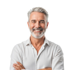 Smiling older man with grey hair and beard isolated on transparent background