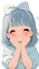 Anime style pinching cheek of a cute girl, vertical background