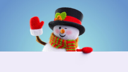 Wool‑felt snowman pops in from the left, waves a red mitten, and smiles behind a white banner in a clean studio clip.