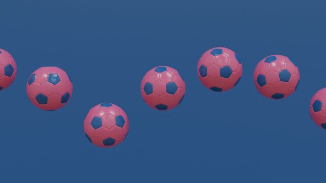 Abstract 3D background with pink football balls lined up in a straight row, bouncing smoothly on a vivid blue surface, creating rhythmic modern animation with vibrant sporty energy