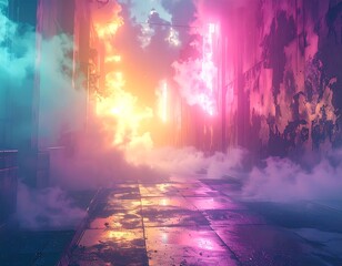 Moody corridor with a spectrum of neon light and swirling fog