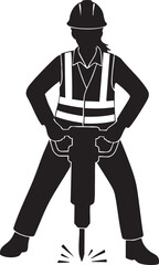 Silhouettes of a Female Construction Worker Operating a Jackhammer