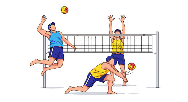 Dynamic beach volleyball game action with players spiking and blocking for summer sports fun