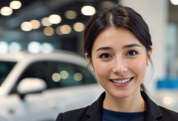 Obraz premium Businesswoman with confident smile stands in a showroom beside a car