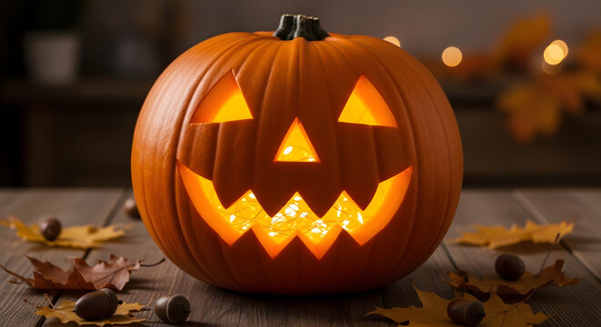 Jack-o’-lantern pumpkin with glowing LED string lights inside, cozy Halloween decoration on wooden table with autumn leaves