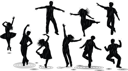 Black silhouettes of diverse people dancing and jumping in the rain vector