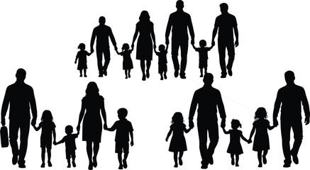 Black silhouettes of families walking holding hands on white background family people