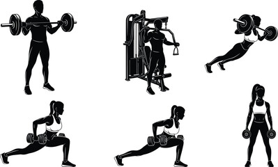 Black silhouettes of people exercising with weights and gym equipment fitness workout