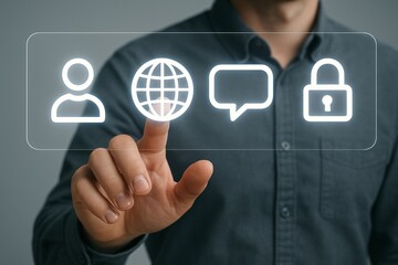 Man touching a digital screen with profile globe speech bubble and lock icons displayed on the screen